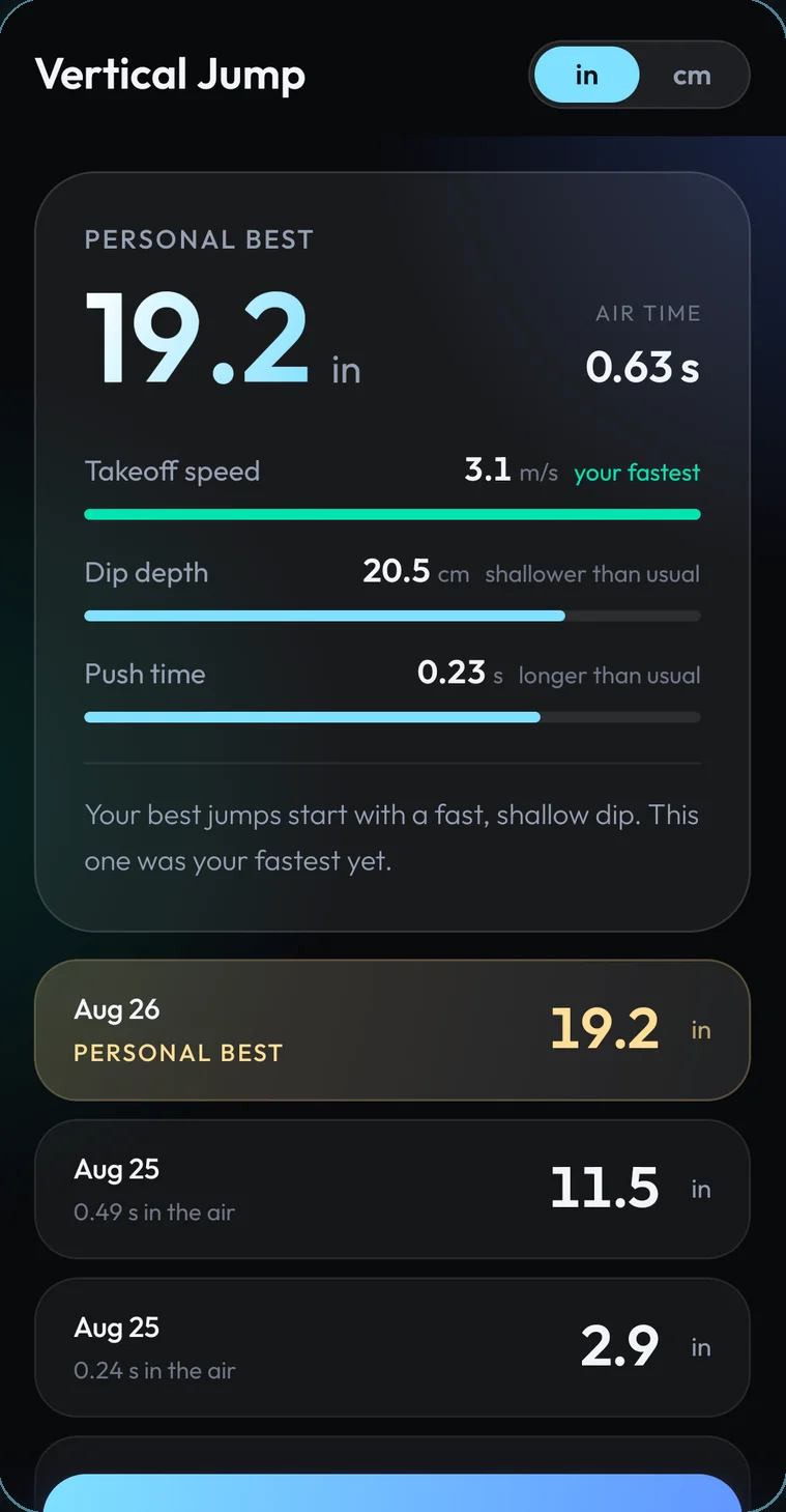TrueVert home screen showing a 19.2 inch personal best with takeoff speed, dip depth and push time
