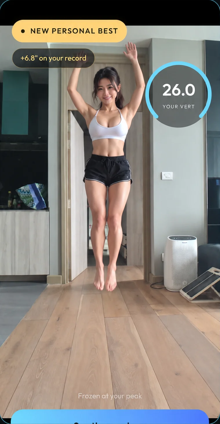Slow-motion replay frozen at the peak of a jump, showing a new personal best of 26.0 inches