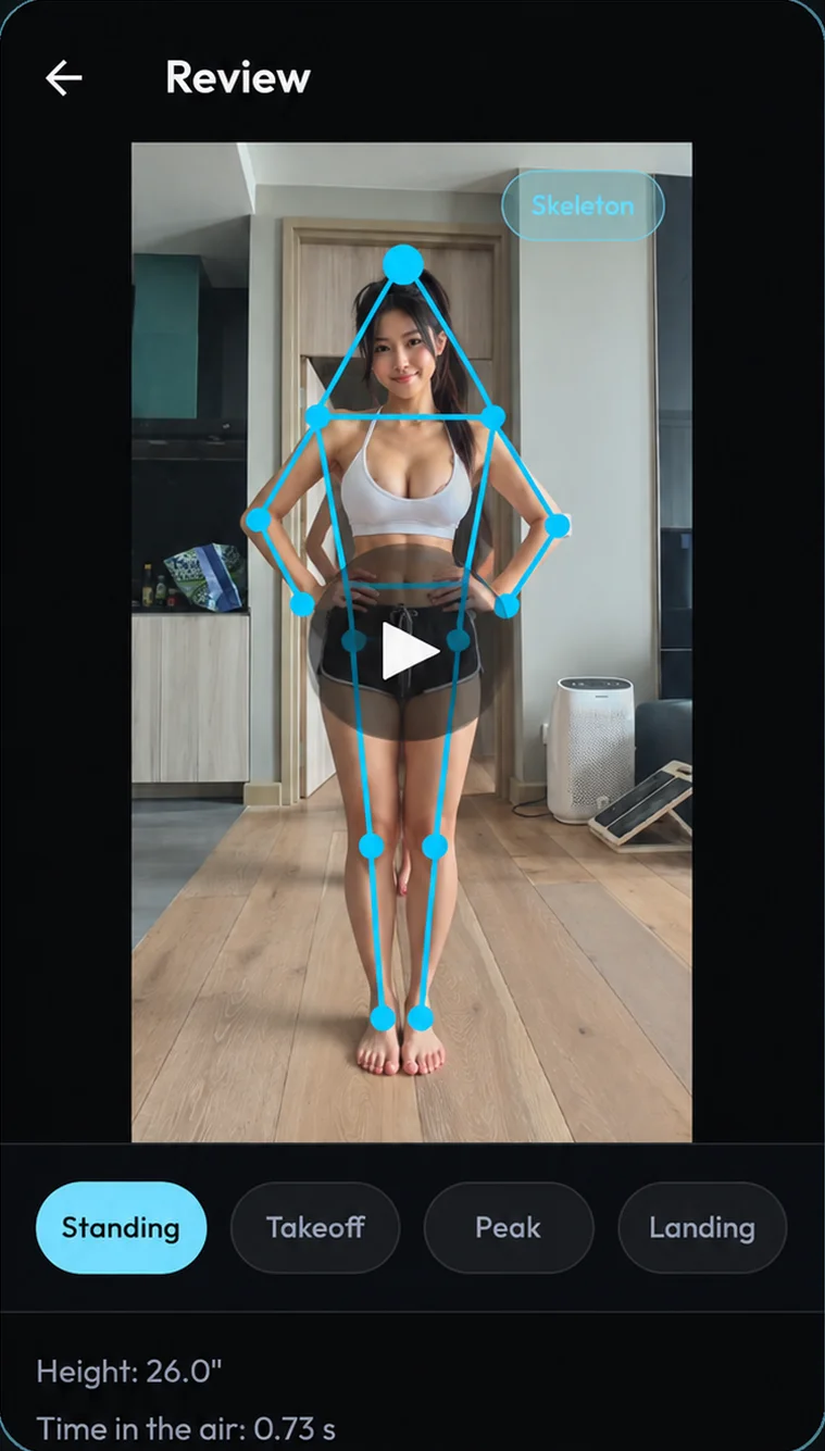 Review screen with a skeleton overlay and Standing, Takeoff, Peak and Landing buttons